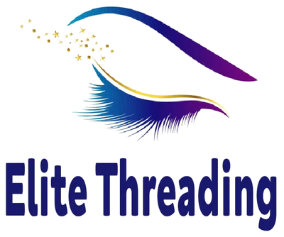 Elite Threading logo: a brow and lash in blue to violet with gold sparkles above the name